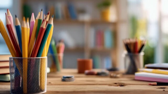 A collection of colorful pencils in a metal holder on a wooden desk. Books and stationery are visible in the background, creating a study environment.