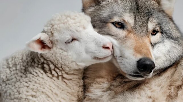 A gray wolf and a white lamb are resting closely together. The wolf has a thick fur coat and a calm expression. The lamb appears fluffy and relaxed.