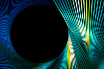 Abstract futuristic background with copy space. Fractal render. Black circle framed by glowing green, blue lines.
