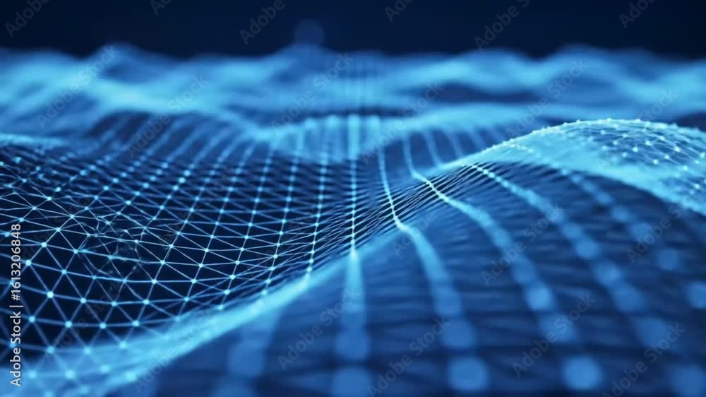 Poster abstract blue digital network depicting connected nodes and flowing data patterns.