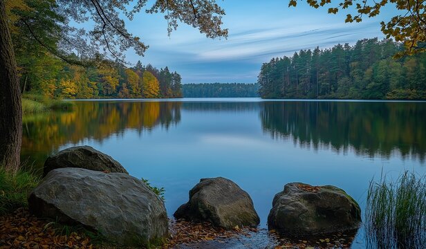 Serene autumn forest lake with stone-lined shore and clear blue sky reflected in calm water