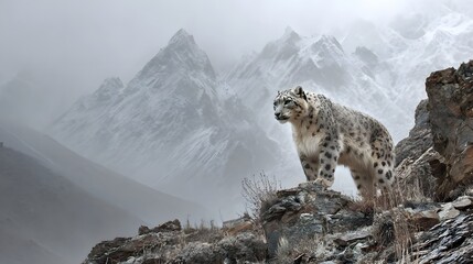 Majestic snow leopard perched on rocky outcrop, overlooking misty mountains in a serene landscape