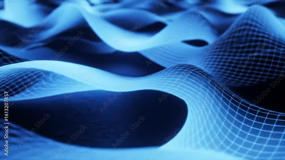 Poster abstract blue waves with a wireframe grid overlay, creating a flowing, three-dimensional digital lan