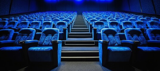 Experience the Unique Atmosphere of a Movie Theater with Empty Rows of Blue Seats Awaiting Patrons
