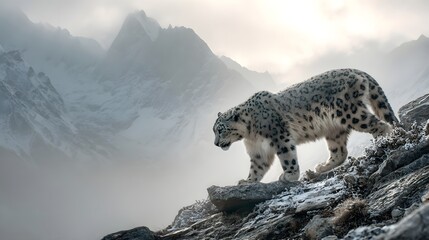 Snow leopard gracefully navigating rocky terrain amidst misty mountains and a serene background