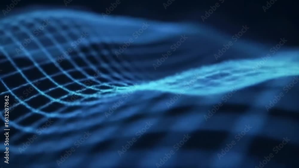 Poster abstract digital wave pattern in shades of blue, creating a flowing, interconnected grid structure w