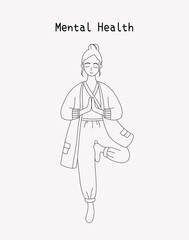 Mental health yoga doodle hand drawn illustration. Woman doing yoga pose wellness in vector line art style for poster, coloring book, asset, material, template
