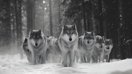 A pack of wolves walking through a snowy forest, showcasing their strength and unity in nature