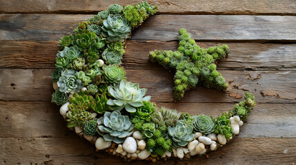 Succulent moon and star arrangement on rustic wooden background overhead view
