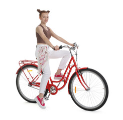 Teenage girl riding bicycle on white background