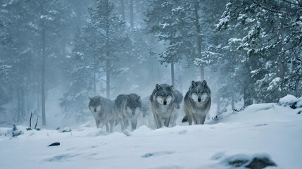 A pack of wolves walking through a snowy forest, showcasing their strength and unity in a winter landscape