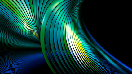 Abstract futuristic curved lines background. Fractal render. Green, blue glowing stripes. Technology concept.