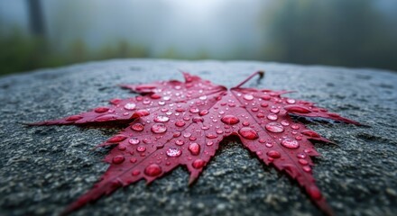 A red maple leaf covered in water droplets rests on a stone