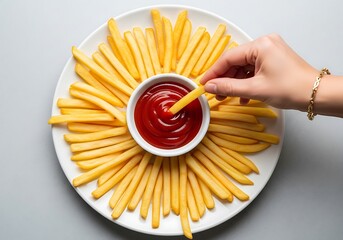 Hand dipping a french fry into a bowl of ketchup surrounded by a circle of fries