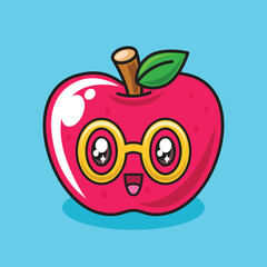 Cute kawaii apple with glasses cartoon character illustration