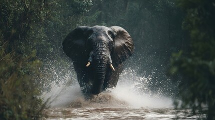 Majestic elephant charging through a river in a lush forest, creating splashes and ripples