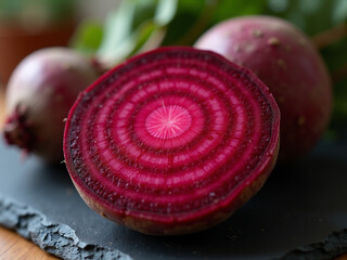 Fresh Beetroot Cut with Red Pink Rings and Green Leaves on Rustic Slate Background