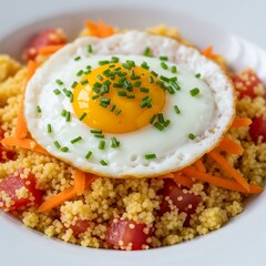 Healthy breakfast bowl with couscous vegetables and a fried egg topped with chives