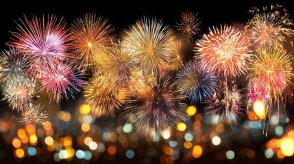 Festive fireworks light the night sky, marking moment of team success, achievement award, and joy at the end of a success journey