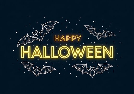 Happy halloween glowing neon text with flying bats and stars on a dark background