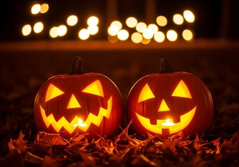 Two glowing carved halloween pumpkins sit on a bed of autumn leaves with blurred lights in the background