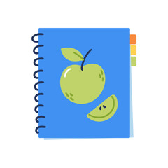 Blue notebook with an illustration of a green apple and a slice. Hand drawn vector illustration.