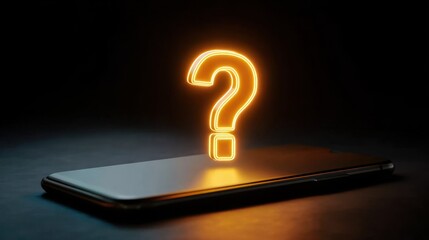 Bright question mark glowing on smartphone screen, showing digital confusion or help search, Analysis Doubt, Business Mystery theme