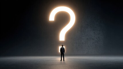 Person stares up at huge question mark, thinking hard or facing a choice, Concept of Analysis Doubt, Business Mystery shown clearly