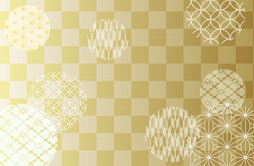 金色の和柄背景デザイン｜市松模様と麻の葉・七宝・亀甲・青海波の円形和文様をあしらった伝統的なパターン