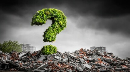 Plant covered question mark grows from broken rubble under cloudy sky, symbolizing hope, Analysis Doubt, Business Mystery in chaos