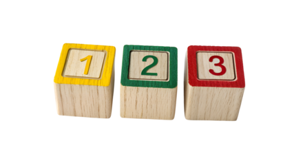 Three wooden blocks with numbers one two and three isolated on a transparent background