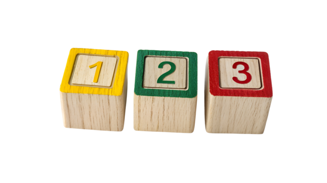 Three wooden blocks with numbers one two and three isolated on a transparent background