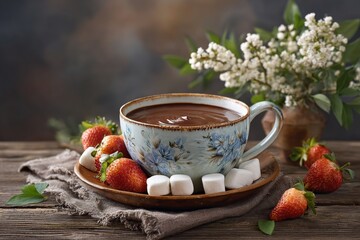 Hot chocolate, strawberries and blue cup. Generative AI