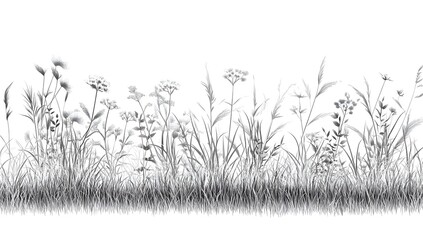 Hand-drawn sketch borders with meadow grass details in a clean vector style, using black and gray ink lines over a plain white backdrop.
