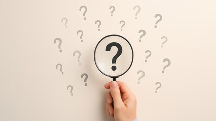 Hand holds magnifying glass with clear black question mark, many faded ones around show curiosity, Analysis Doubt, Business Mystery explored