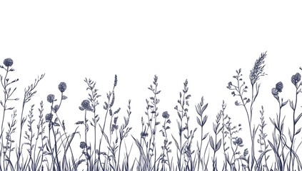 A set of hand-drawn vector borders featuring meadow grass in sketch style, rendered in black and gray ink on a clean white background.
