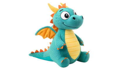 Obraz premium Teal plush dragon with orange wings and spikes isolated on a transparent background