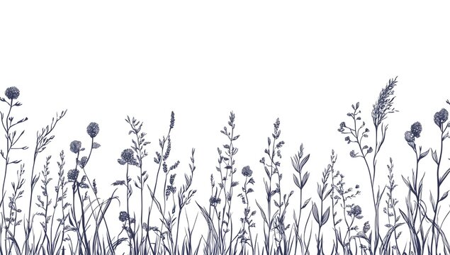 A set of hand-drawn vector borders featuring meadow grass in sketch style, rendered in black and gray ink on a clean white background.
