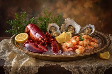 Lobster, mussels, shrimp and other seafood on a metal plate. Generative AI