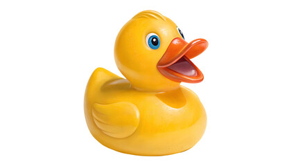 Bright yellow rubber duck with blue eyes and open orange beak isolated on a transparent background