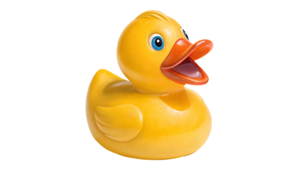 Bright yellow rubber duck with blue eyes and open orange beak isolated on a transparent background