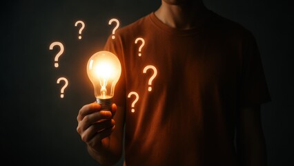 Man holds glowing bulb with floating question marks around, showing bright idea and Analysis Doubt, Business Mystery in creativity