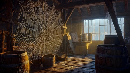 Dusty attic room, filled with cobwebs and sunlight streams through a window, ancient barrels and objects scattered around, wooden floor