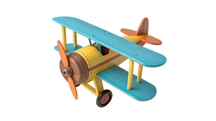 Colorful wooden biplane toy with propeller and wings isolated on a transparent background