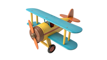 Colorful wooden biplane toy with propeller and wings isolated on a transparent background