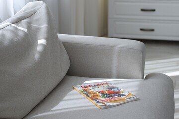 Lifestyle magazines on sofa indoors, closeup view