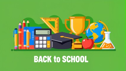 A vibrant and colorful collection of school-related items including pencils, pens, notebooks, calculators, graduation caps, trophies, globes, and various educational symbols