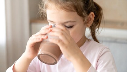Girl drinks chocolate milk.