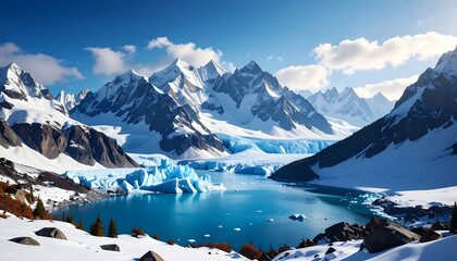 Glacier lake and snowcapped mountains.