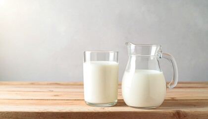 Glass and pitcher of fresh milk on wood.